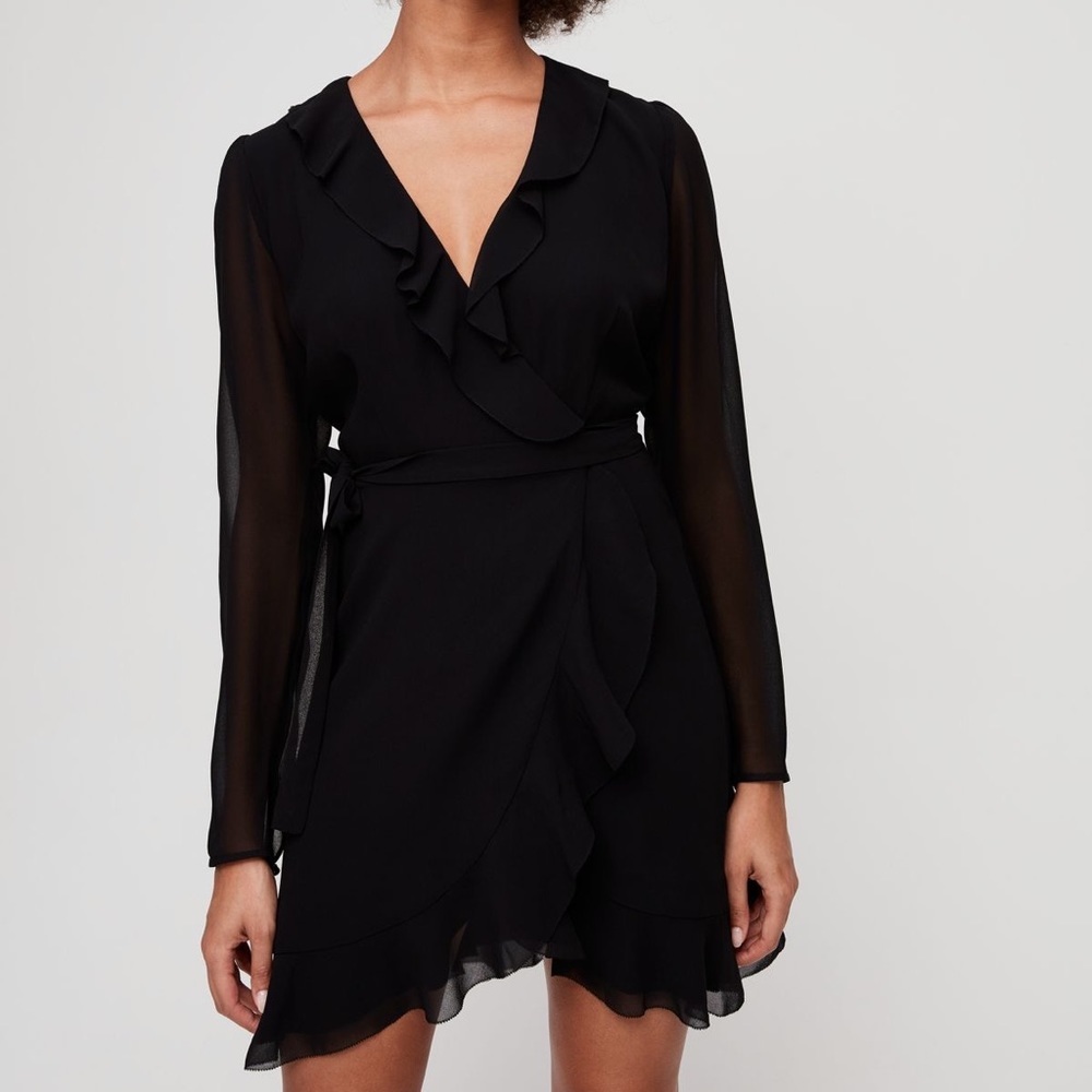Aritzia Black Ruffle Wrap Mini Dress